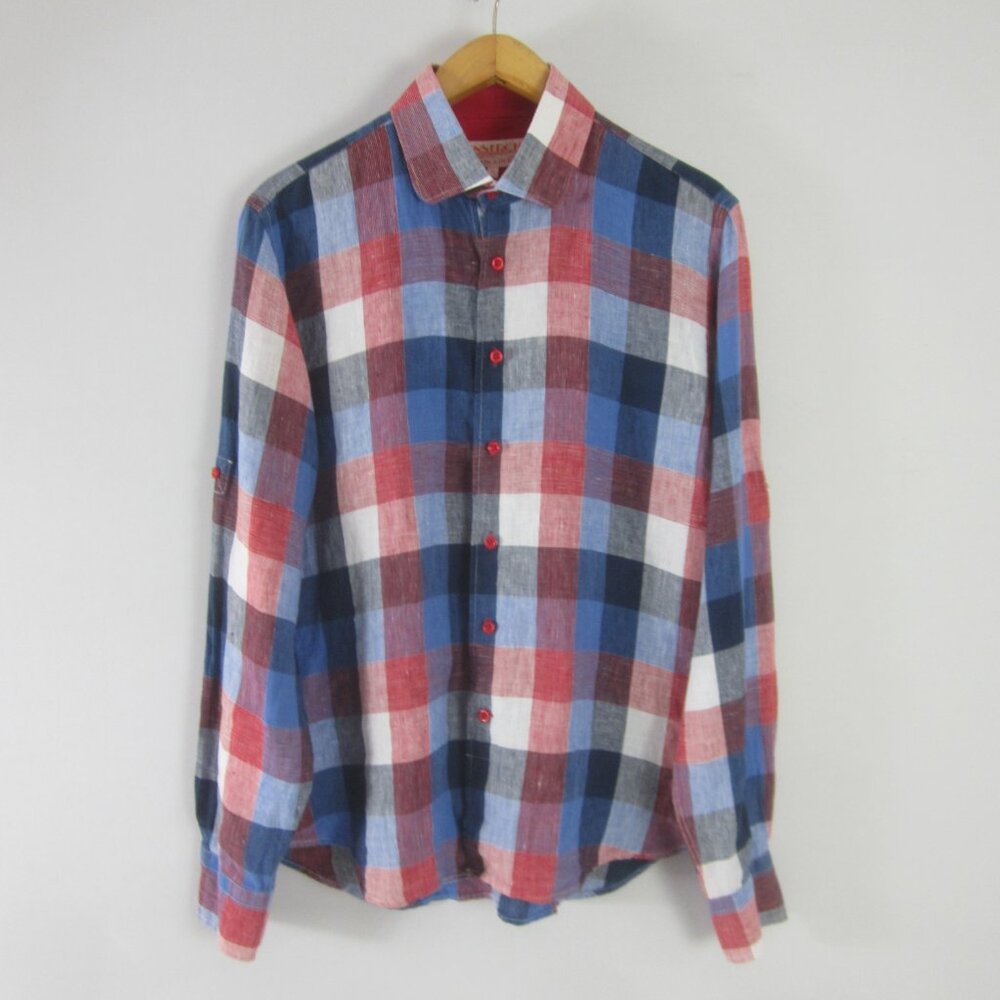 Inserch Mens XL Red White Blue Check Plaid LS Linen Button Shirt Contrast Cuffs